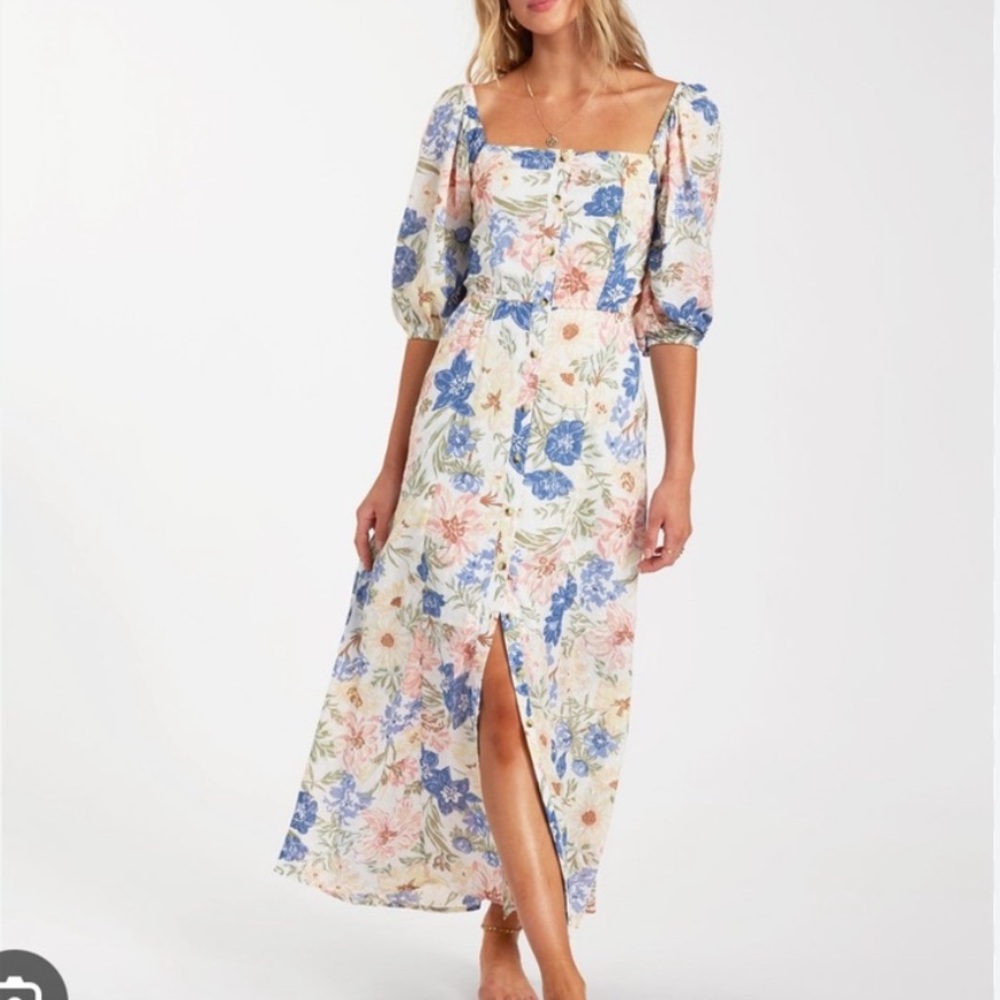 Billabong Cream Floral Maxi Dress with Blue & Pink Blooms